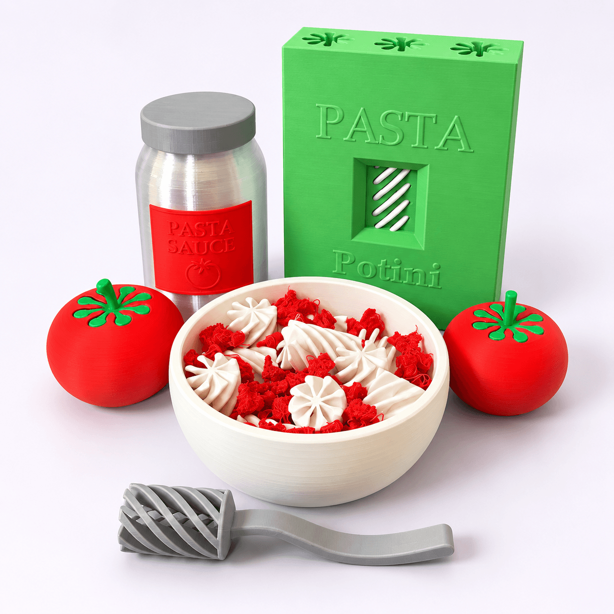 Kit de juego simbólico con piezas encastrables para preparar y servir pasta.