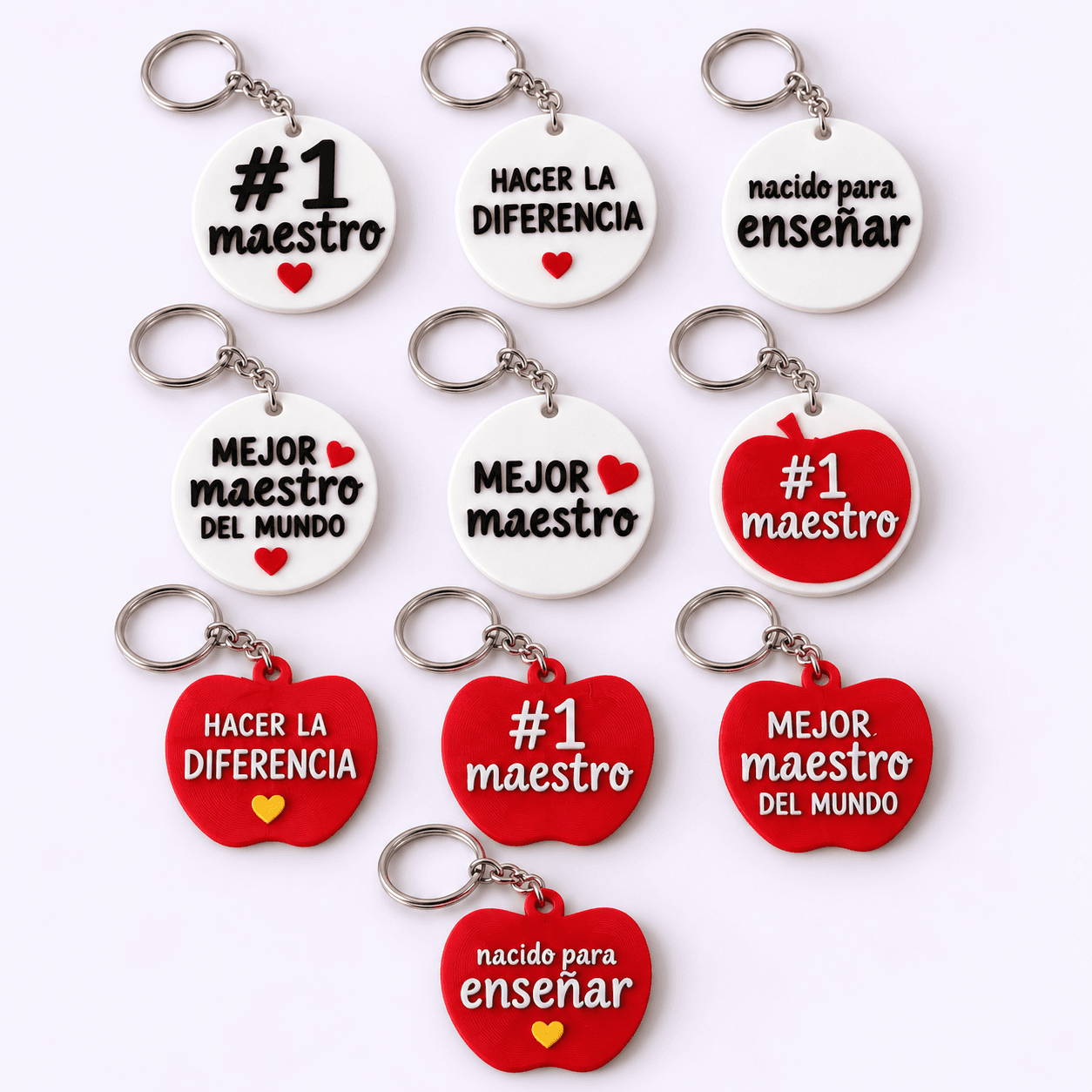 Llaveros para el Día del Maestro y la Maestra con diferentes frases y diseños